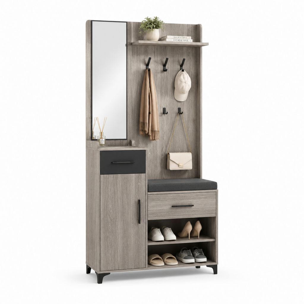 Mobile ingresso con appendiabiti specchio scarpiera e seduta grigio rovere in truciolare nobilitato 100 x 35 x 190 cm