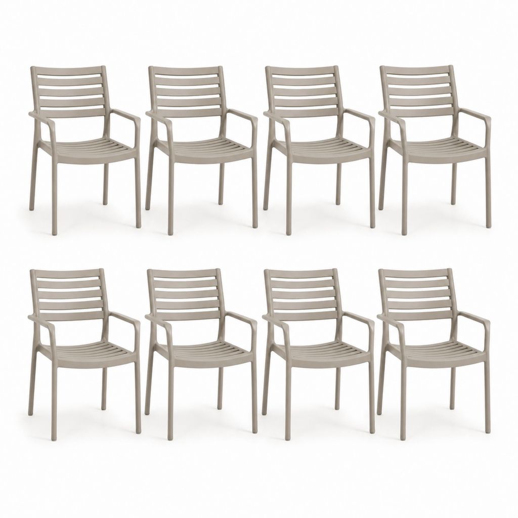 Set 8 sedie da giardino con braccioli tortora in polipropilene 56 x 58 x 84 cm