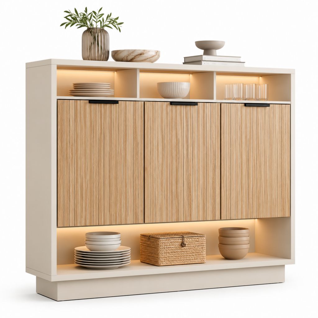 Credenza da sala da pranzo beige e rovere in MDF 160 x 40 x 140 cm con ante scorrevoli e illuminazione LED