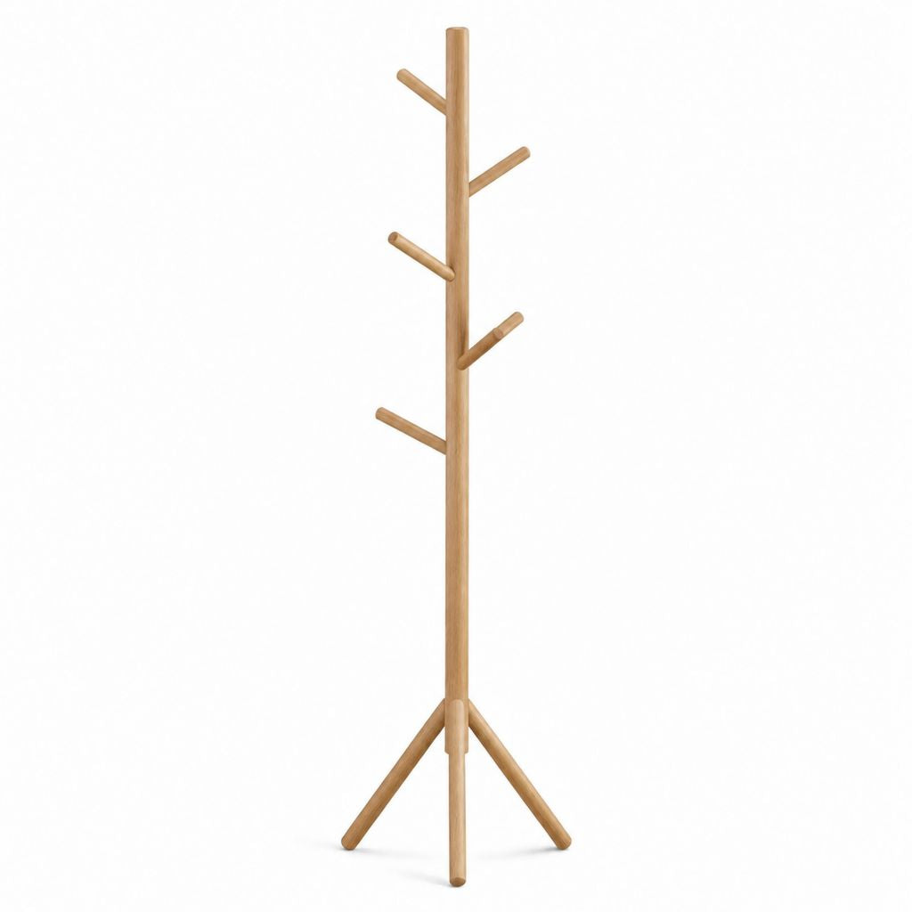 Appendiabiti da terra in bambù massello naturale a forma di albero con 5 ganci 45 x 45 x 175 cm