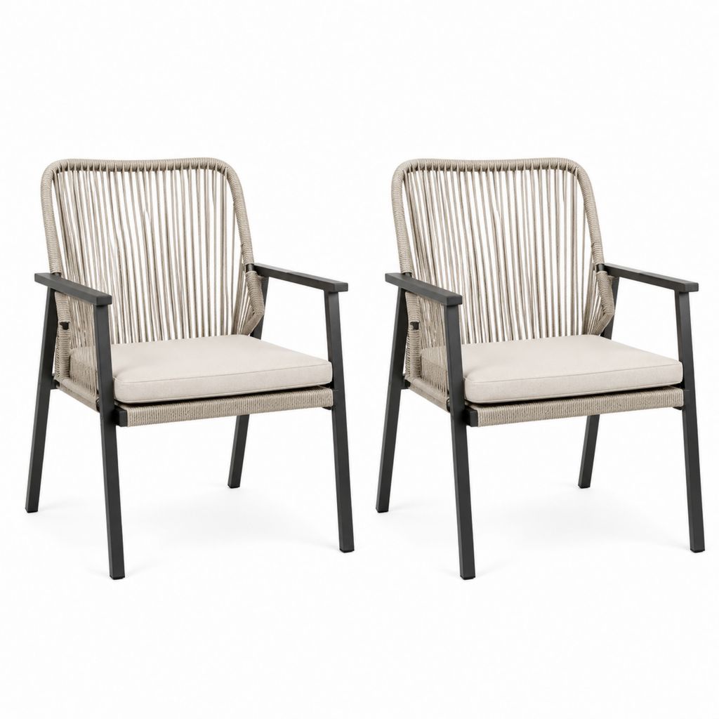 Set di 2 sedie da giardino con braccioli beige e nero in acciaio e corda PE 62 x 65 x 86 cm