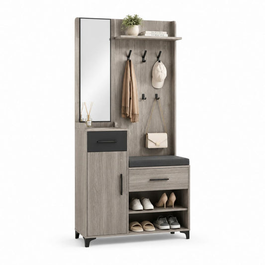 Mobile ingresso con appendiabiti specchio scarpiera e seduta grigio rovere in truciolare nobilitato 100 x 35 x 190 cm