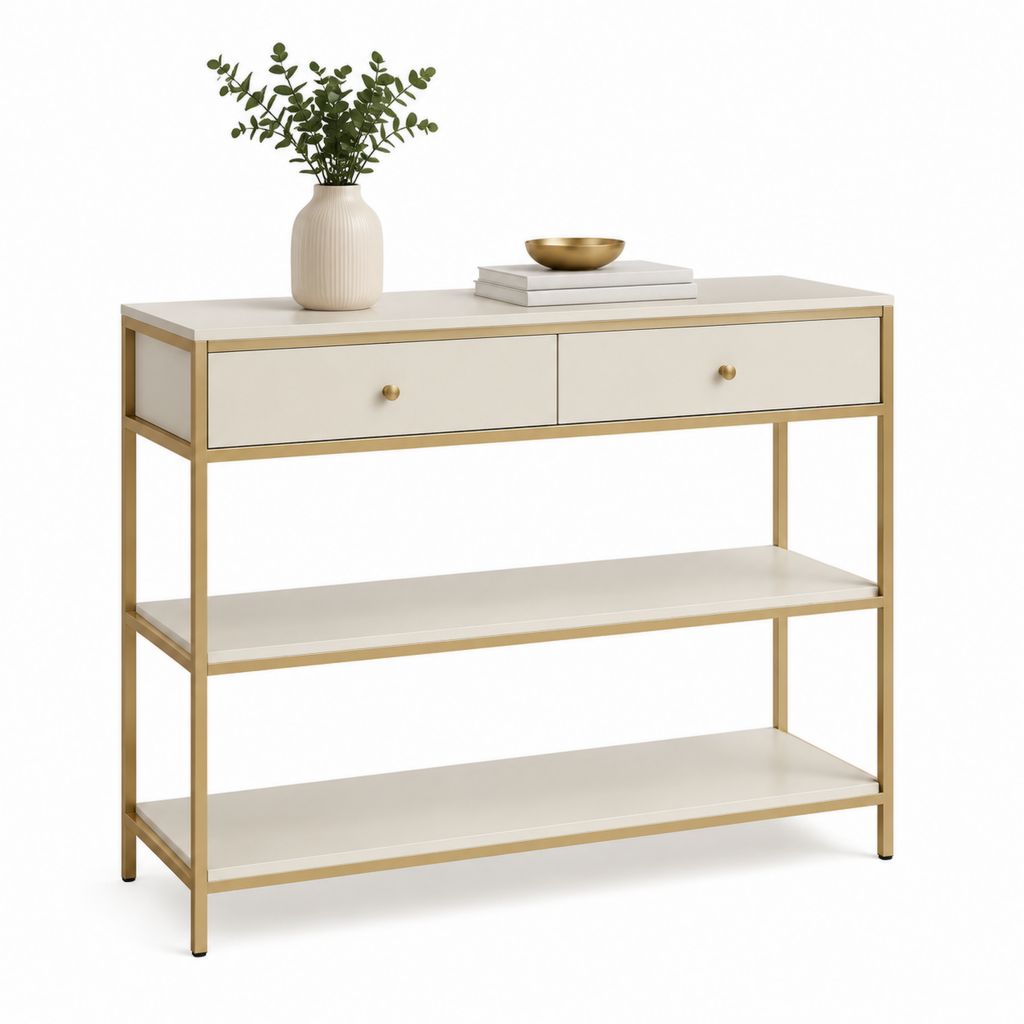 Consolle da ingresso rettangolare con 2 cassetti bianco e oro in MDF e acciaio 100 x 35 x 85 cm