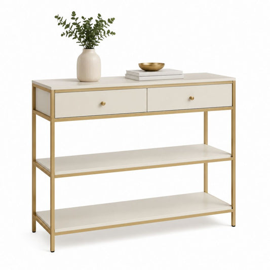 Consolle da ingresso rettangolare con 2 cassetti bianco e oro in MDF e acciaio 100 x 35 x 85 cm