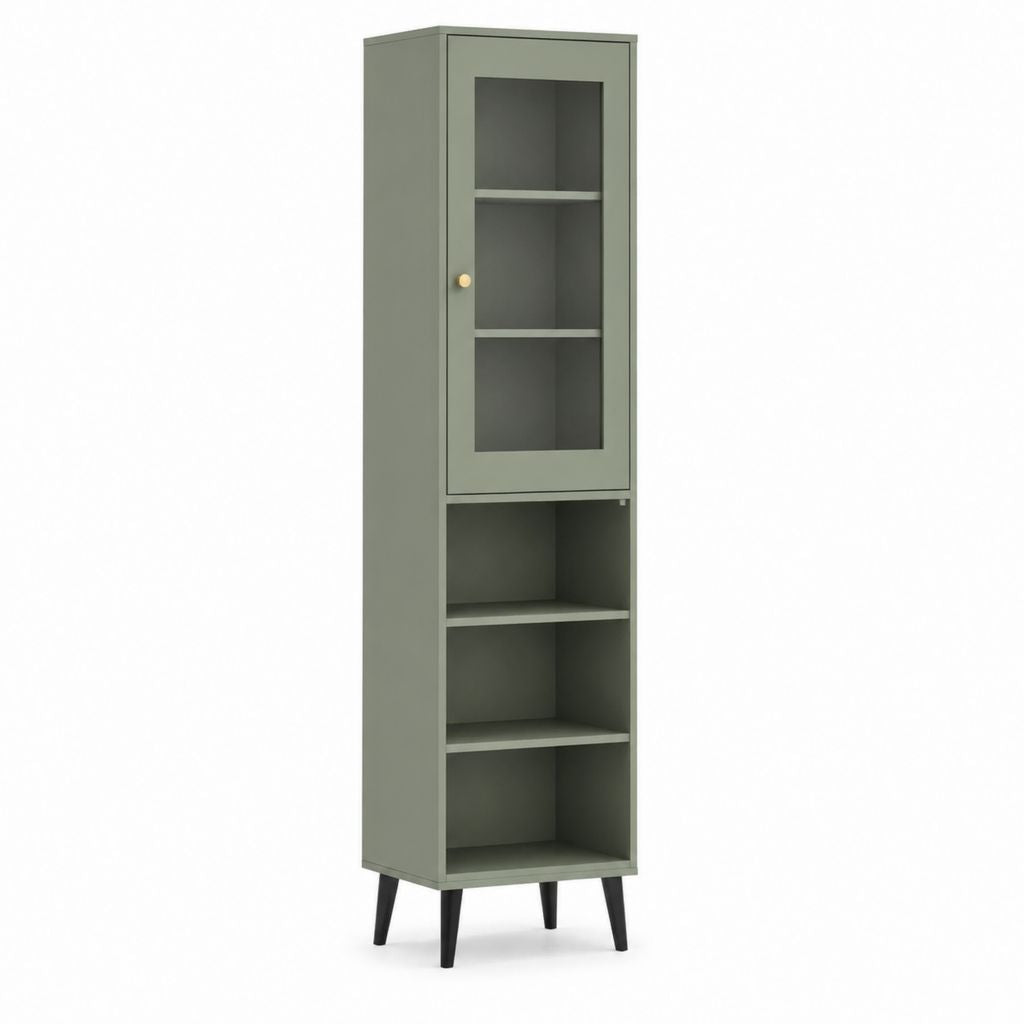Vetrina alta verde salvia in MDF con anta in vetro fumé e ripiani 60 x 40 x 180 cm