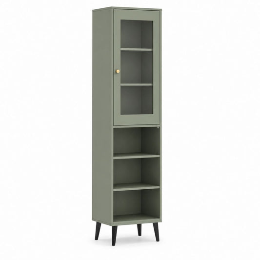 Vetrina alta verde salvia in MDF con anta in vetro fumé e ripiani 60 x 40 x 180 cm