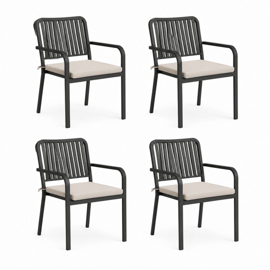 Set 4 sedie da giardino nere in acciaio con cuscini beige 57 x 60 x 85 cm