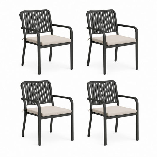 Set 4 sedie da giardino nere in acciaio con cuscini beige 57 x 60 x 85 cm