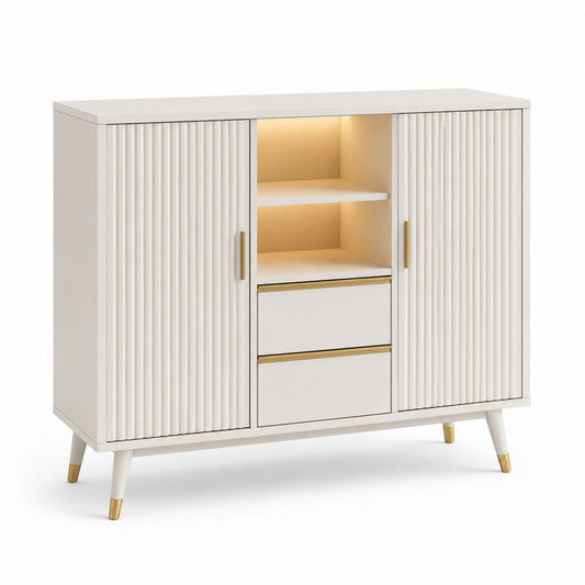 Credenza da sala da pranzo bianca in MDF rettangolare 120 x 40 x 110 cm con ante scanalate cassetti e vano illuminato