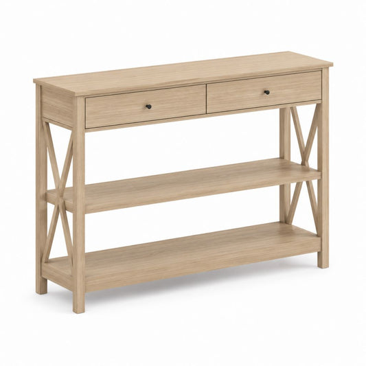 Consolle da ingresso con 2 cassetti e 2 ripiani rovere chiaro in MDF rettangolare 120 x 40 x 90 cm