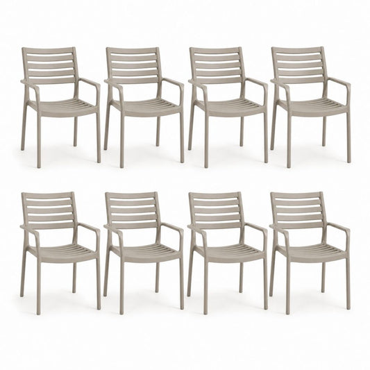 Set 8 sedie da giardino con braccioli tortora in polipropilene 56 x 58 x 84 cm