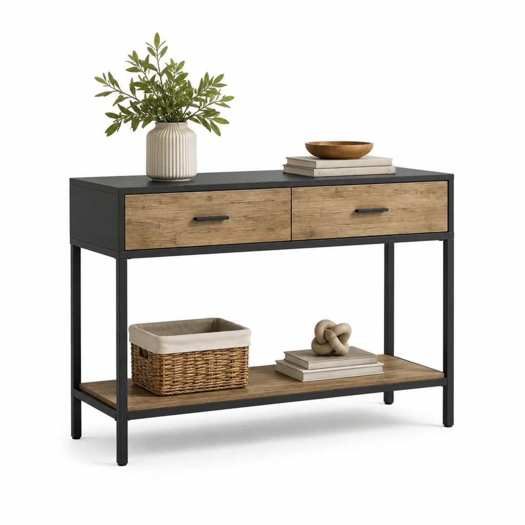 Consolle ingresso rettangolare con 2 cassetti nero e rovere in pannello truciolare e acciaio 100 x 30 x 80 cm