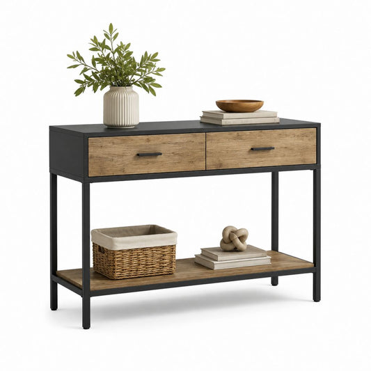 Consolle ingresso rettangolare con 2 cassetti nero e rovere in pannello truciolare e acciaio 100 x 30 x 80 cm