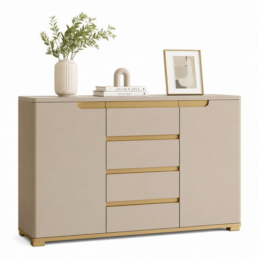 Credenza da soggiorno beige in MDF rettangolare con 2 ante e 4 cassetti 160 x 40 x 90 cm