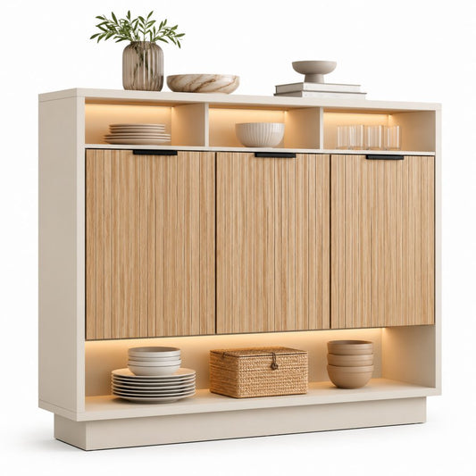 Credenza da sala da pranzo beige e rovere in MDF 160 x 40 x 140 cm con ante scorrevoli e illuminazione LED