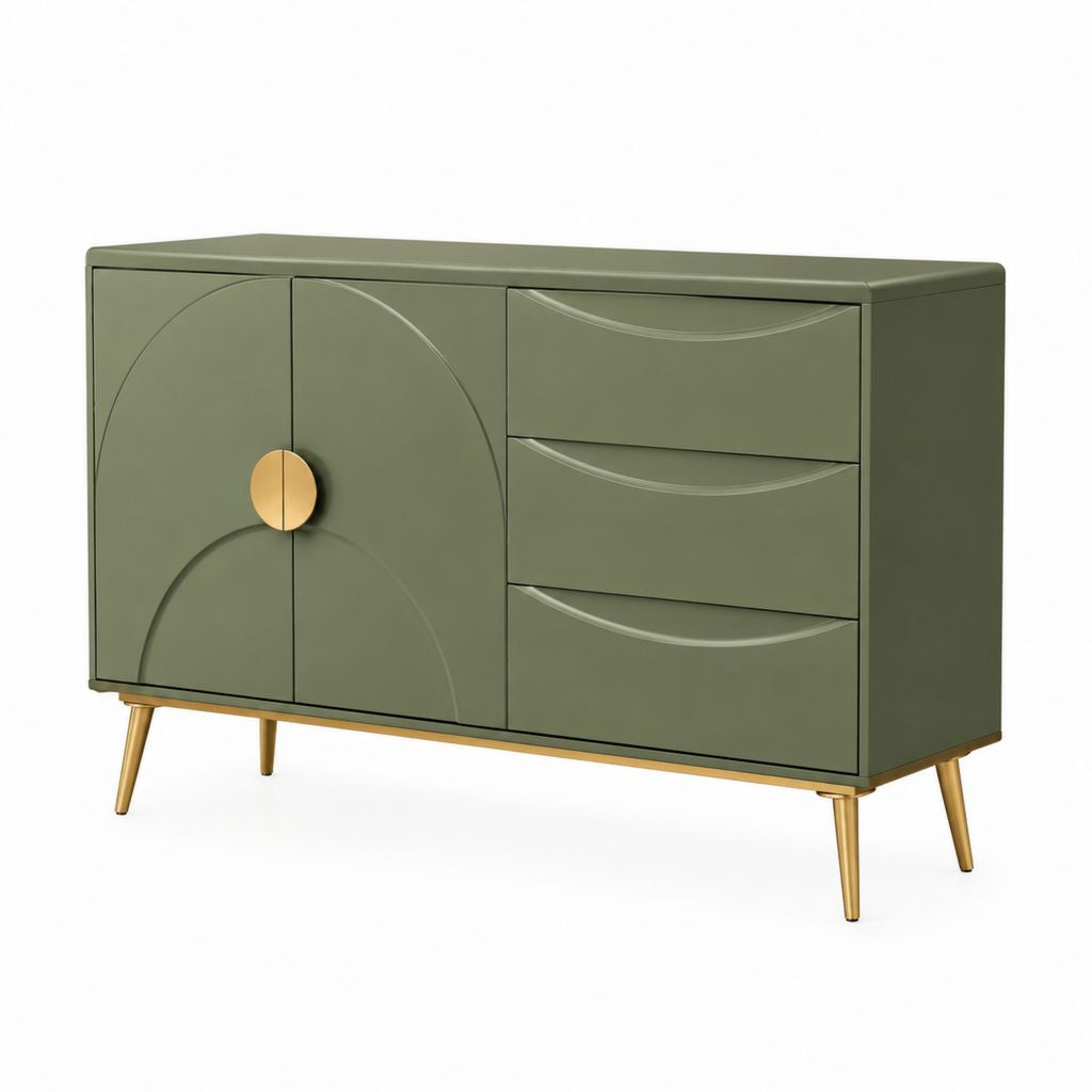 Credenza verde salvia in MDF rettangolare con 2 ante e 3 cassetti 120 x 40 x 80 cm