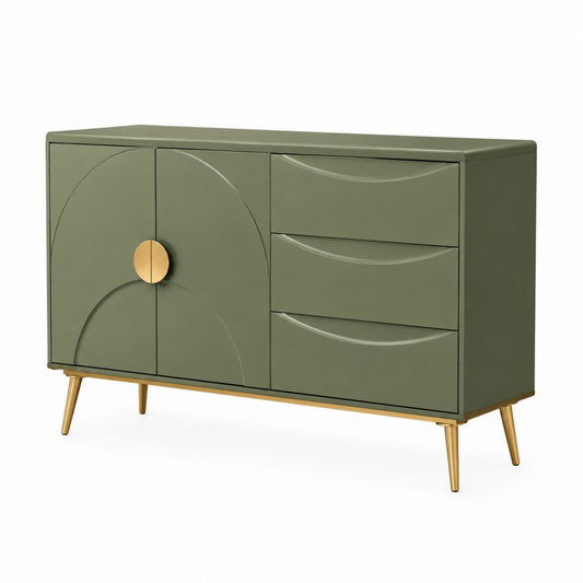 Credenza verde salvia in MDF rettangolare con 2 ante e 3 cassetti 120 x 40 x 80 cm