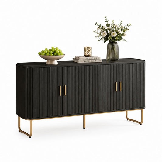 Credenza 4 Ante Nera in MDF e Acciaio Rettangolare 180 x 45 x 85 cm