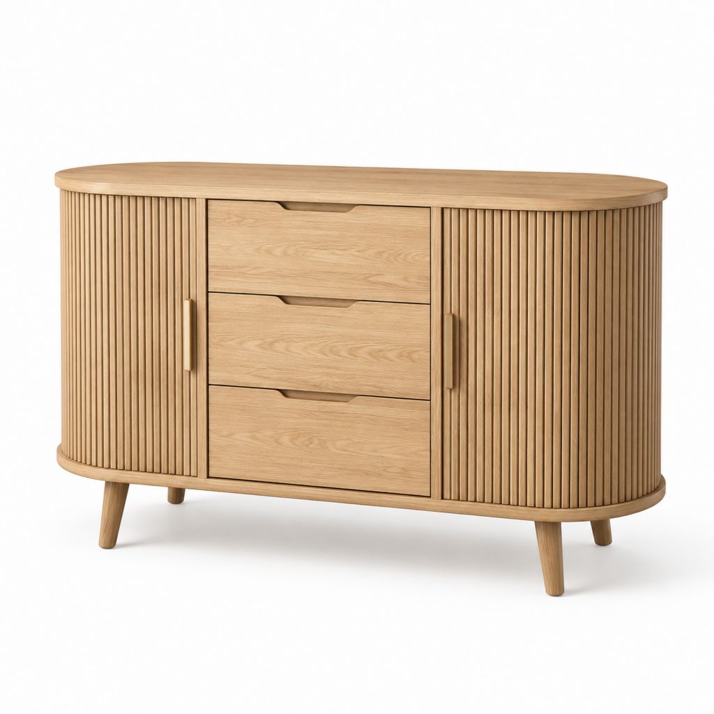 Credenza da sala da pranzo naturale in MDF impiallacciato rovere ovale con 3 cassetti e 2 ante 160x45x85 cm