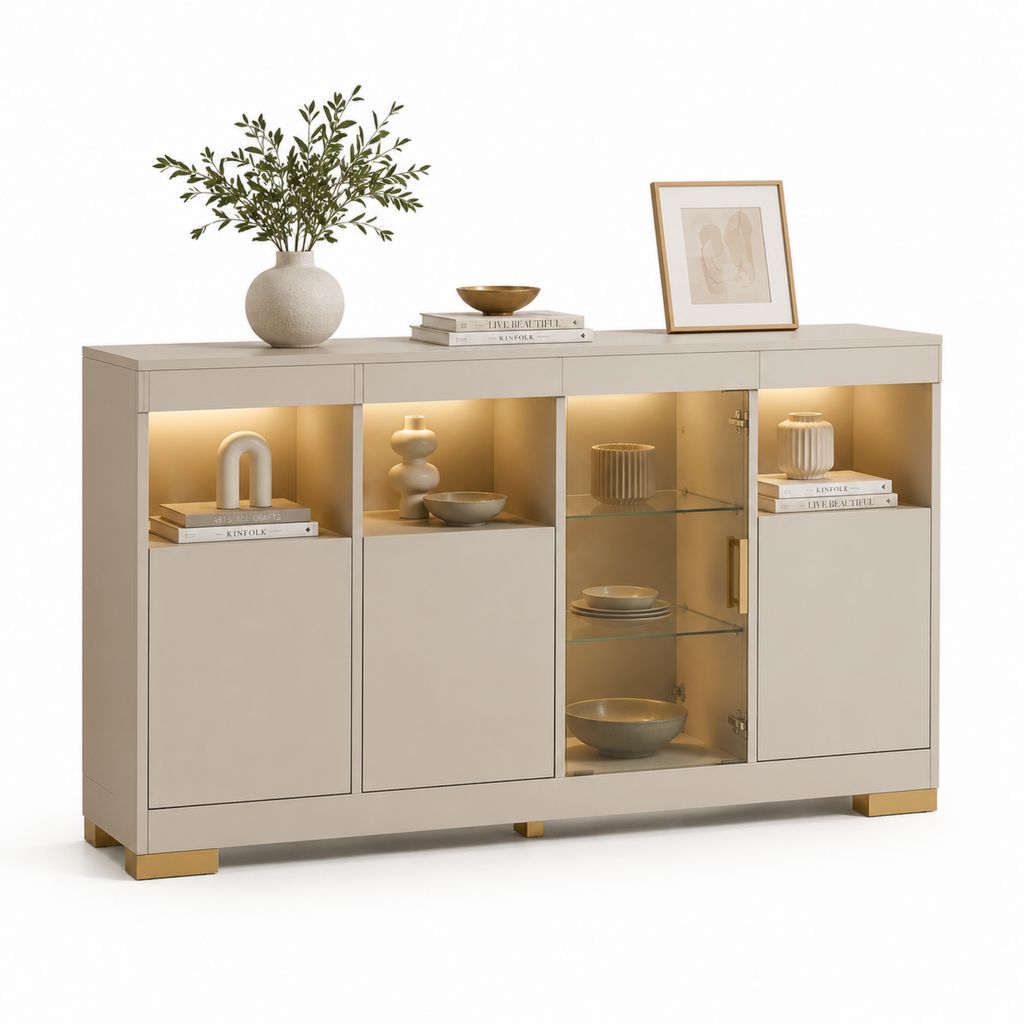 Credenza da pranzo beige in MDF con vetro temperato e LED 160 x 40 x 85 cm