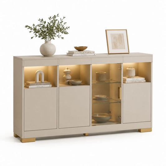 Credenza da pranzo beige in MDF con vetro temperato e LED 160 x 40 x 85 cm