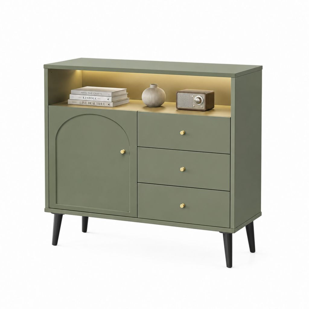 Credenza da sala da pranzo verde in MDF con anta 3 cassetti e vano LED 120 x 40 x 90 cm