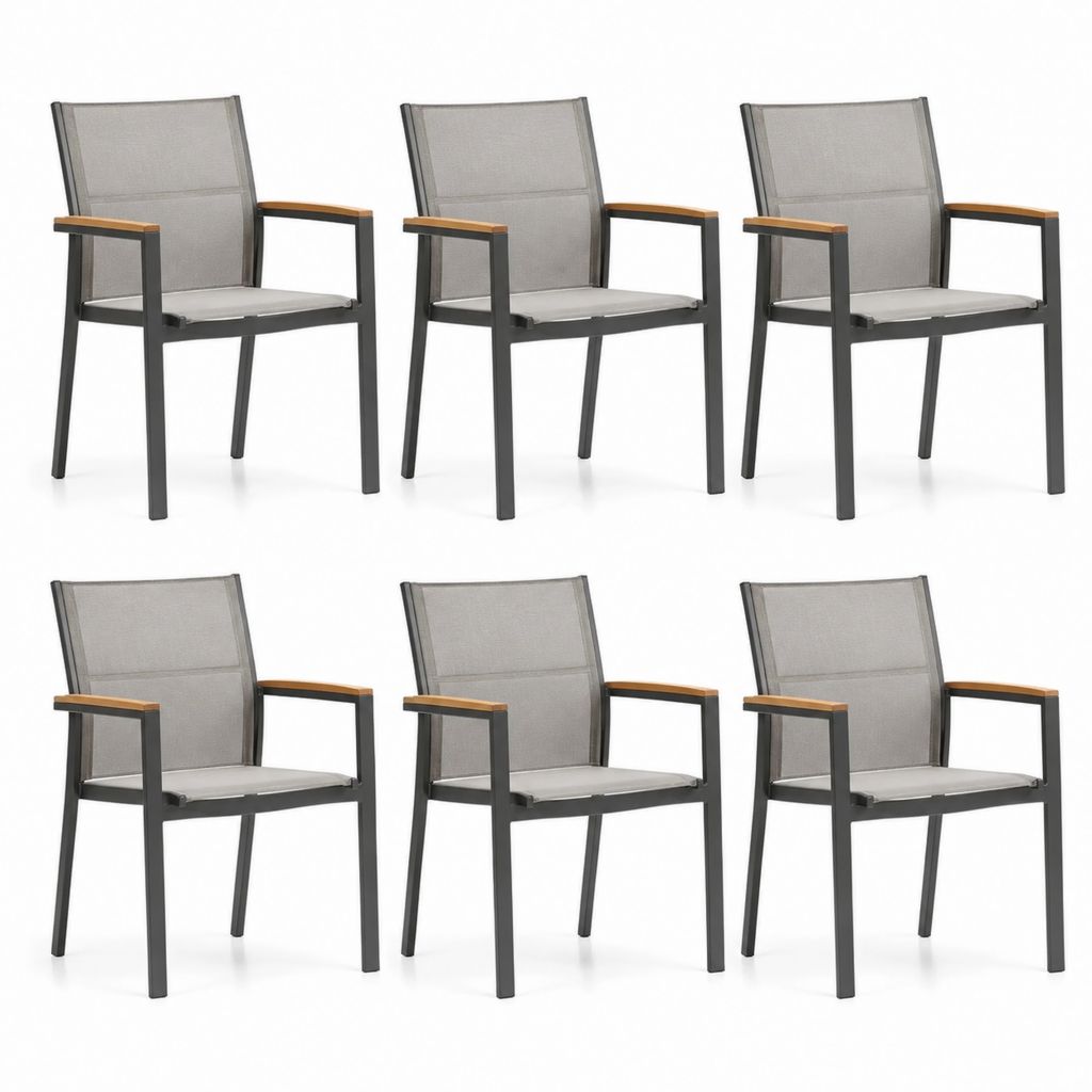 Set 6 Sedie da Giardino con Braccioli Grigio Antracite in Alluminio e Textilene 55 x 65 x 90 cm