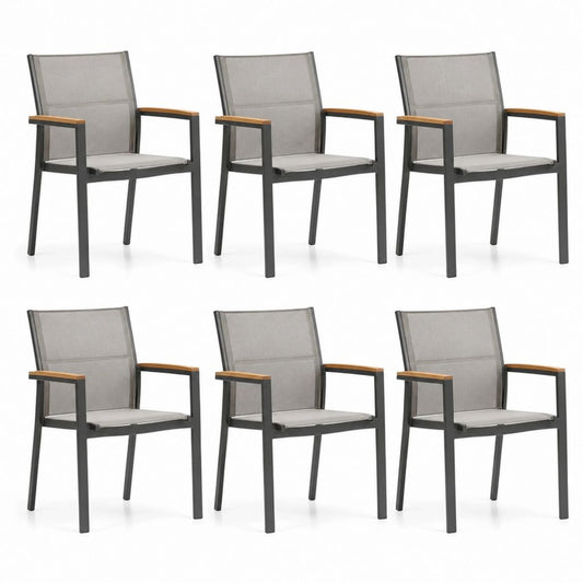 Set 6 Sedie da Giardino con Braccioli Grigio Antracite in Alluminio e Textilene 55 x 65 x 90 cm