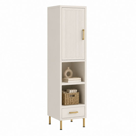 Credenza alta a colonna avorio in MDF rettangolare con anta e cassetto 180 x 40 x 35 cm