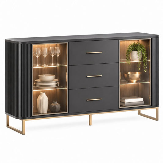 Credenza da soggiorno nera in MDF con ante in vetro LED e 3 cassetti 160 x 40 x 85 cm