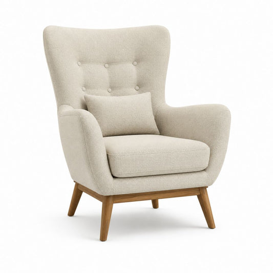 Poltrona a orecchioni beige in bouclé di poliestere con gambe in legno massello 78 x 86 x 105 cm