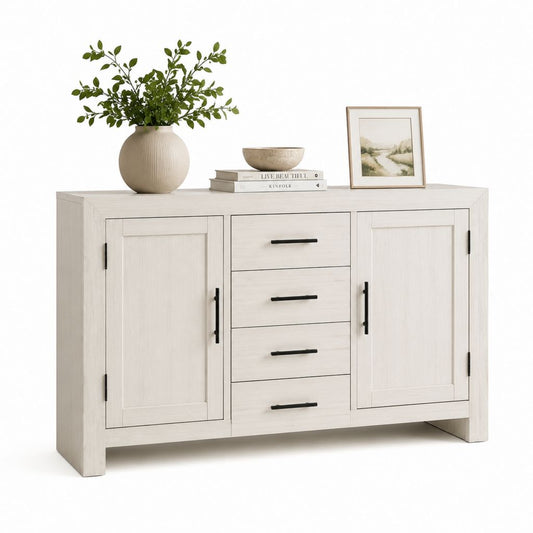 Credenza da sala da pranzo bianco rovere in pannello MDF 140 x 40 x 85 cm con 2 ante e 4 cassetti