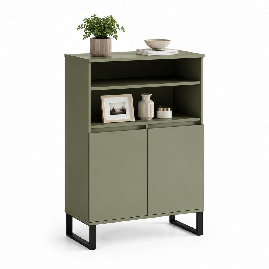 Credenza alta verde salvia in MDF con 2 ante e ripiani aperti 80 x 40 x 110 cm