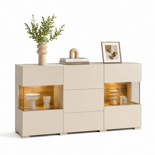 Credenza da sala da pranzo beige in MDF con vani a giorno illuminati 180 x 40 x 90 cm